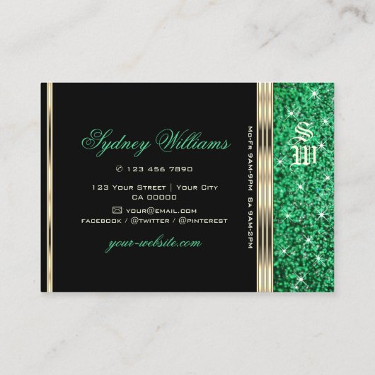 Sparkle Emerald Green Glitzer Monogram Gold Black Visitenkarte (Rückseite)