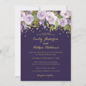 Sparkle Floral Gold Lila Hochzeit Einladung (Vorderseite)