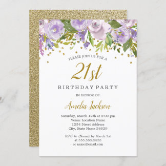 Sparkle Floral Lila 21. Geburtstag Einladung
