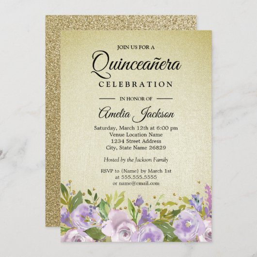 Sparkle Floral Lila Gold Quinceanera Einladung (Vorne/Hinten)