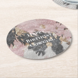 Sparkle Girly Pink Black Gold Cowgirl Cowhide Runder Pappuntersetzer