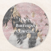 Sparkle Girly Pink Black Gold Cowgirl Cowhide Runder Pappuntersetzer (Vorderseite)