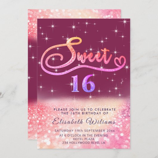 Sparkle Glam chic Glitzer script ombre Einladung (Vorne/Hinten)