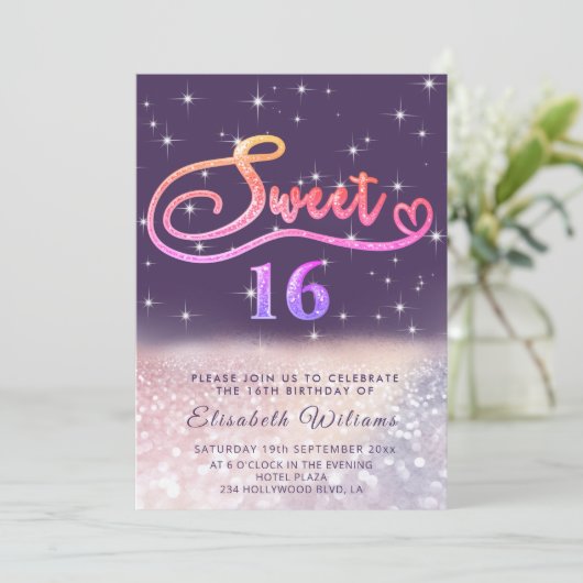 Sparkle Glam chic Glitzer script ombre Einladung (Stehend Vorderseite)