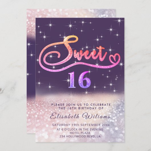 Sparkle Glam chic Glitzer script ombre Einladung (Vorne/Hinten)