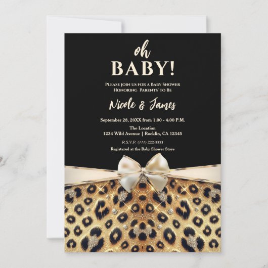 Sparkle Glam Gold Black Leopard Print Baby Dusche Einladung (Vorderseite)