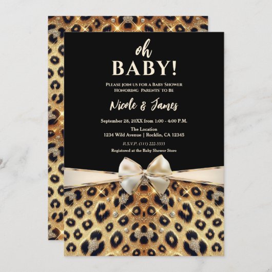 Sparkle Glam Gold Black Leopard Print Baby Dusche Einladung (Vorne/Hinten)
