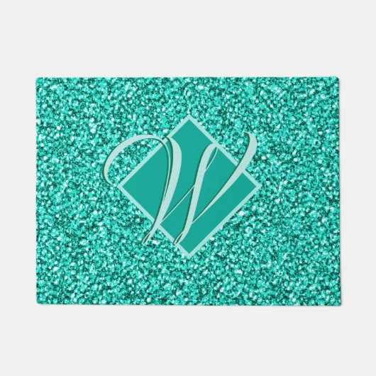 Sparkle Glam Turquoises Blauer Glitzer Mit Monogra Fußmatte (Vorderseite)