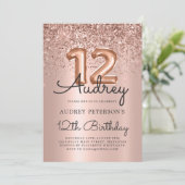 Sparkle Glitzer Rose Gold Ballon 12. Geburtstag Einladung (Stehend Vorderseite)