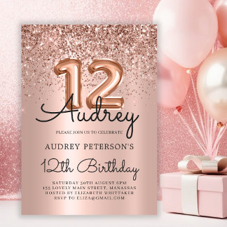 Sparkle Glitzer Rose Gold Ballon 12. Geburtstag Einladung
