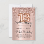 Sparkle Glitzer Rose Gold Ballon 13. Geburtstag Einladung (Vorderseite)