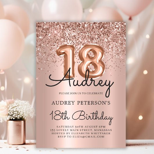 Sparkle Glitzer Rose Gold Ballon 18. Geburtstag Einladung
