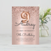 Sparkle Glitzer Rose Gold Ballon 9. Geburtstag Einladung (Stehend Vorderseite)
