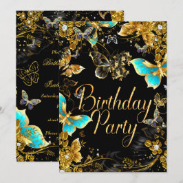 Sparkle Gold Black Aquamarin Butterfly Geburtstags Einladung