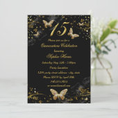 Sparkle Gold Black Butterfly Quinceanera Einladung (Stehend Vorderseite)
