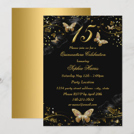 Sparkle Gold Black Butterfly Quinceanera Einladung