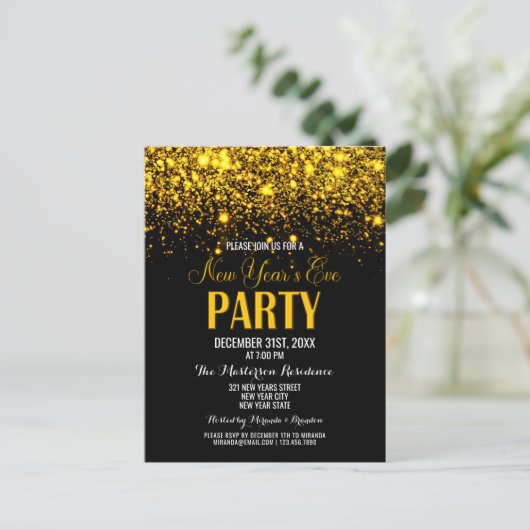 Sparkle Gold Black New Year's Eve Party Einladung Postkarte (Stehend Vorderseite)