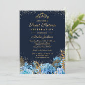 Sparkle Gold Blue Glitzer Blumen 16 . Geburtstag Einladung (Stehend Vorderseite)