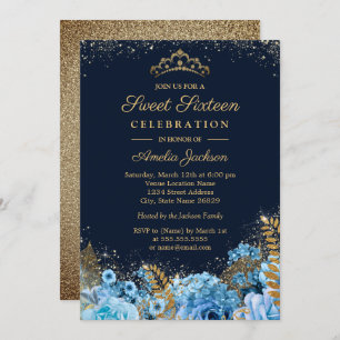 Sparkle Gold Blue Glitzer Blumen 16 . Geburtstag Einladung