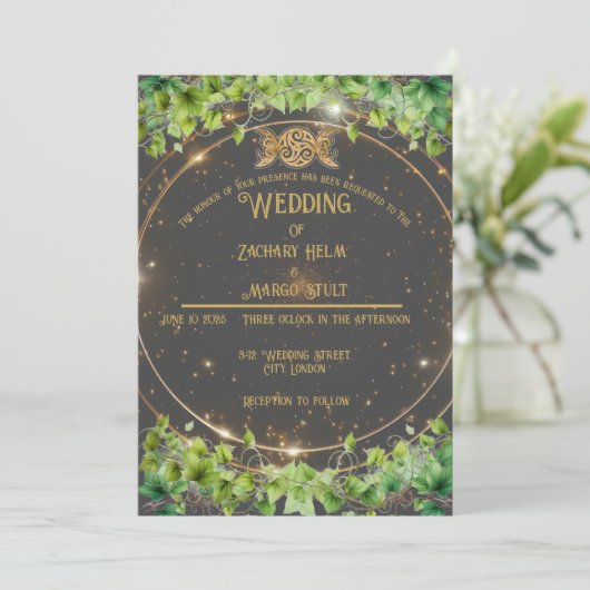 Sparkle Gold Botanic Celestial Wedding Einladung (Stehend Vorderseite)