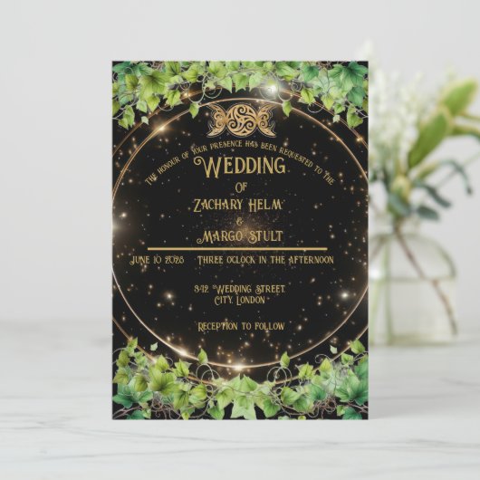 Sparkle Gold Botanic Celestial Wedding Einladung (Stehend Vorderseite)