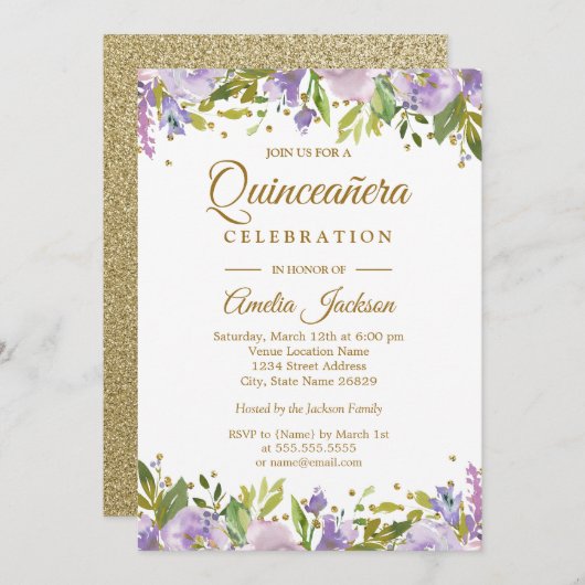 Sparkle Gold Floral Lila Quinceanera Einladung (Vorne/Hinten)