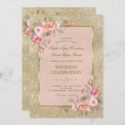Sparkle Gold Glitzer Blush Blume Hochzeit Einladung (Vorne/Hinten)