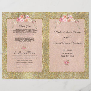 Sparkle Gold Glitzer Blush Floral Wedding Program