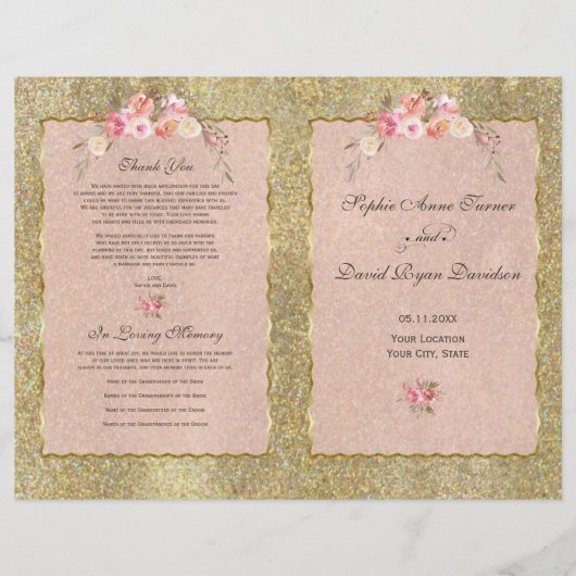 Sparkle Gold Glitzer Blush Floral Wedding Program (Vorderseite)