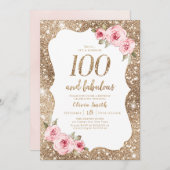 Sparkle gold Glitzer & rosa Blütenblüte 100. Gebur Einladung (Vorne/Hinten)