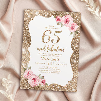 Sparkle Gold Glitzer und rosa Blütenblüte 65. Gebu Einladung