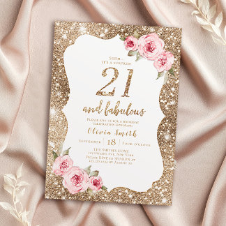 Sparkle gold Glitzer und rosa Blütenpracht 21. Geb Einladung