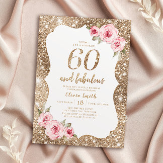 Sparkle Gold Glitzer und rosa Blütenpracht 60. Geb Einladung
