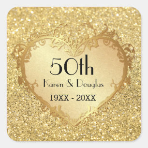 Sparkle Gold Heart 50. Hochzeitstag Quadratischer Aufkleber