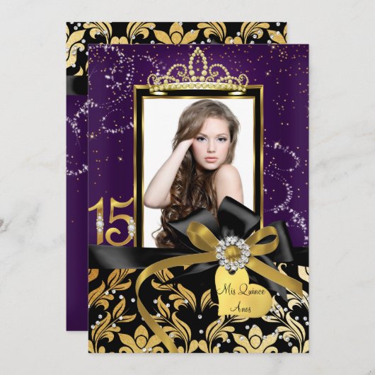 Sparkle Gold Lila Damask & Bow Foto Quinceanera Einladung (Vorne/Hinten)