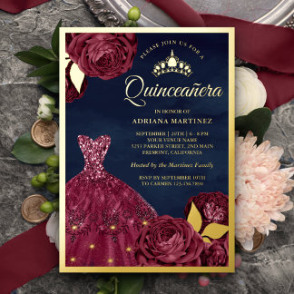 Sparkle Gown Burgund Floral Navy Quinceanera Gold Folieneinladung