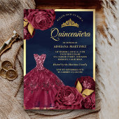 Sparkle Gown Burgundy Floral Navy Gold Quinceanera Einladung