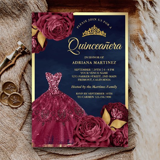 Sparkle Gown Burgundy Floral Navy Gold Quinceanera Einladung