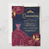 Sparkle Gown Burgundy Floral Navy Gold Quinceanera Einladung (Vorderseite)