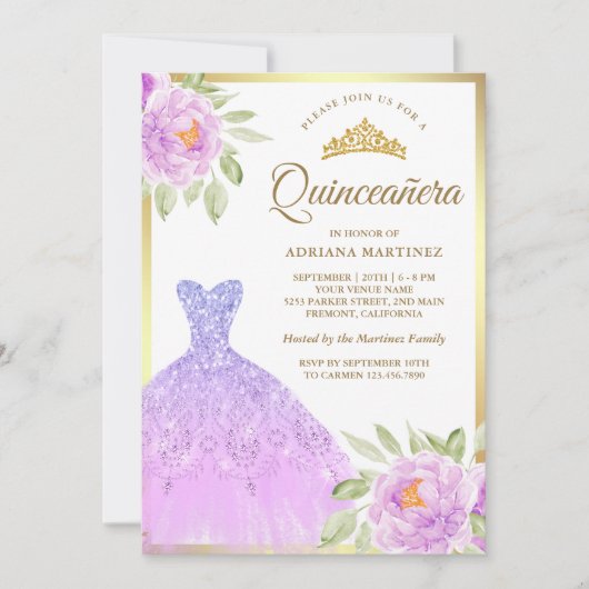 Sparkle Gown Lilac Lila Floral Gold Quinceanera Einladung (Vorderseite)
