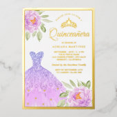 Sparkle Gown Lilac Lila Floral Quinceanera Gold Folieneinladung (Vorderseite)