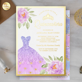 Sparkle Gown Lilac Lila Floral Quinceanera Gold Folieneinladung