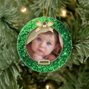 Sparkle Green/Gold Bow-Foto Keramik Ornament