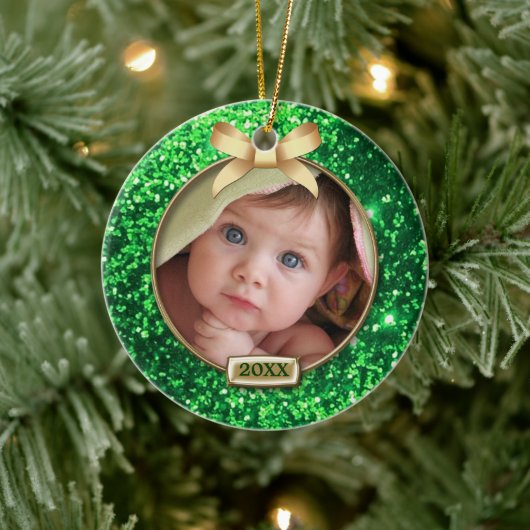 Sparkle Green/Gold Bow-Foto Keramik Ornament (Baum)