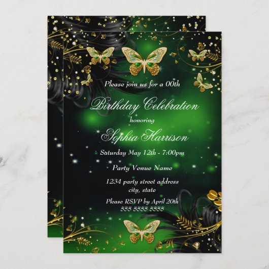 Sparkle Green Gold Butterfly Geburtstagsparty Einladung (Vorne/Hinten)