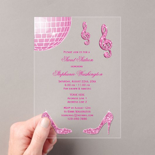 Sparkle Heelse und Rosa Disco Ball Sweet 16 Acryleinladungen (Insitu (Handheld))