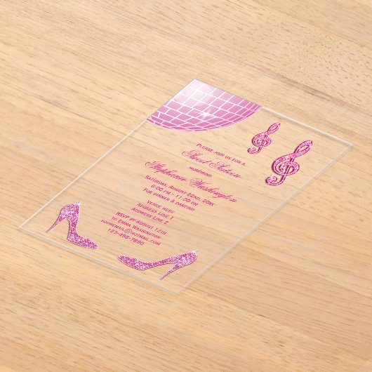 Sparkle Heelse und Rosa Disco Ball Sweet 16 Acryleinladungen (Ablage )