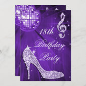 Sparkle Heelses Lila Disco Ball 18. Geburtstag Einladung (Vorne/Hinten)