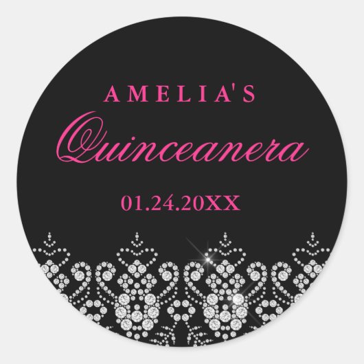 Sparkle Jewel Black Hot Pink Quinceanera Sticker (Vorderseite)
