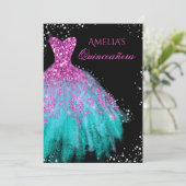 Sparkle Kleid Pink Aquamarin Quinceanera Einladung (Stehend Vorderseite)